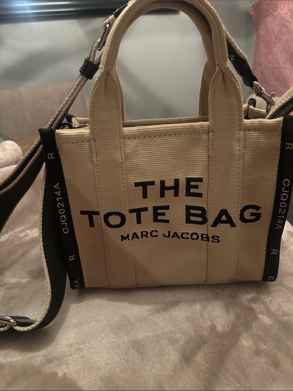 Marc Jacobs Beige Canvas Tote with Black Trim and Printed Logo